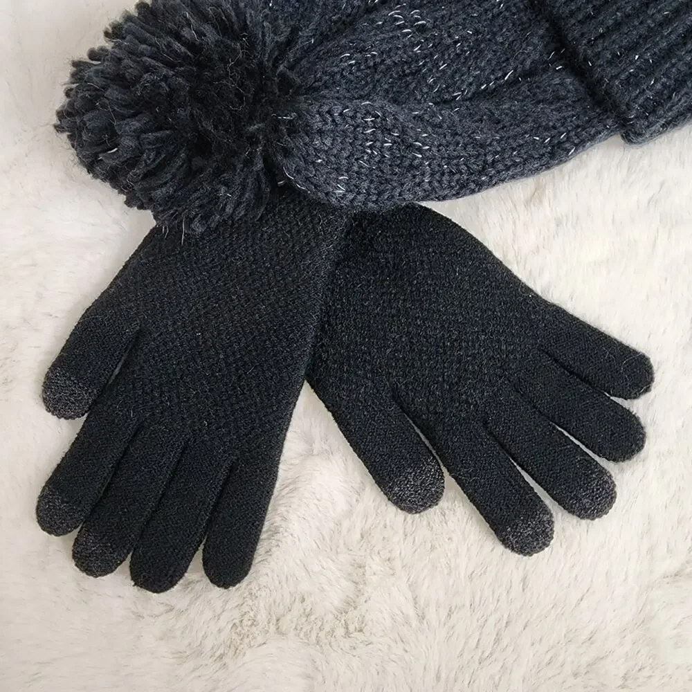C&C California Black Silver Confetti Cable Knit Beanie Hat & Touch Gloves Set